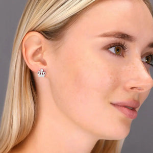 Elegant CZ Royal Crown Sterling Silver Stud Earrings.