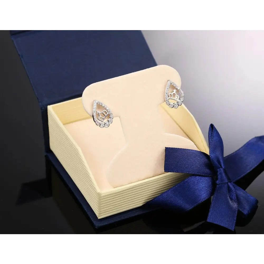 Elegant CZ Teardrop Princess Crown Stud Earrings in Sterling Silver.