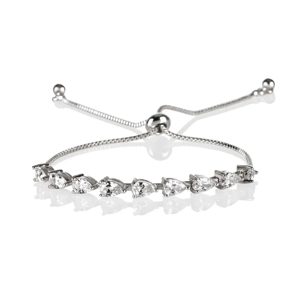 Elegant Dainty Silver CZ Slider Bracelet with Pear-Shaped Cubic Zirconia – Adjustable for Women & Girls.