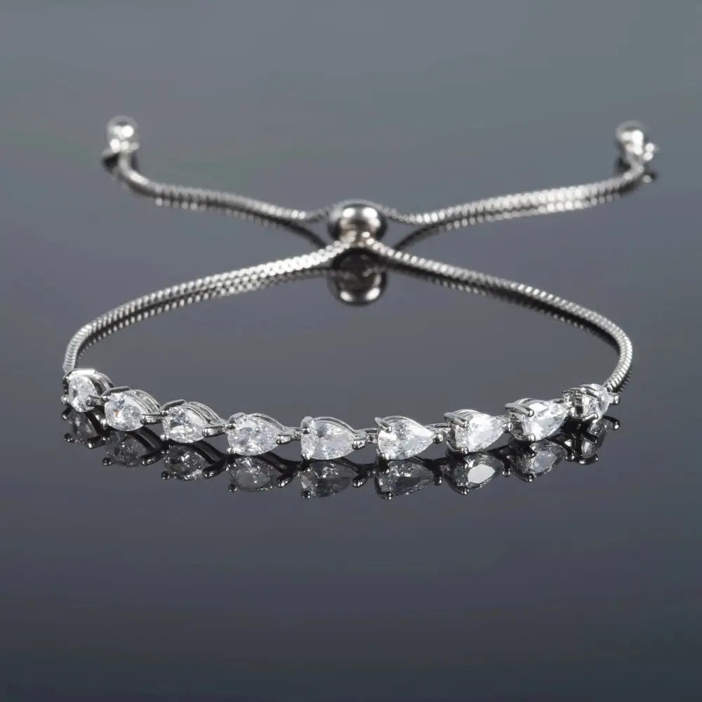 Elegant Dainty Silver CZ Slider Bracelet with Pear-Shaped Cubic Zirconia – Adjustable for Women & Girls.