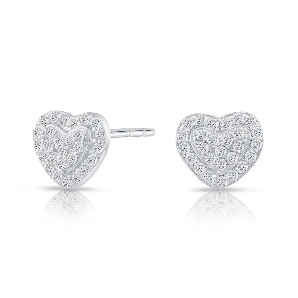 Elegant Double Heart CZ Stud Earrings in Sterling Silver.