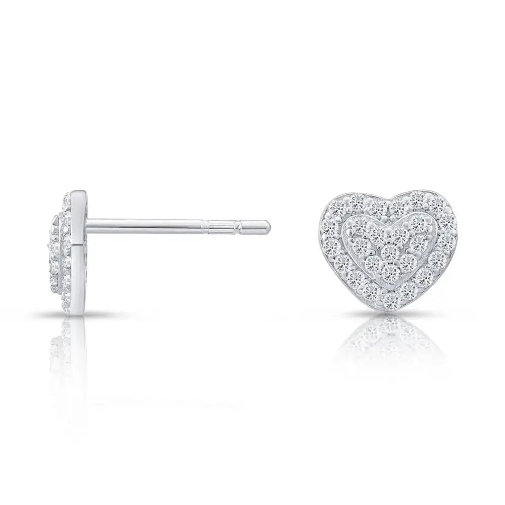 Elegant Double Heart CZ Stud Earrings in Sterling Silver.