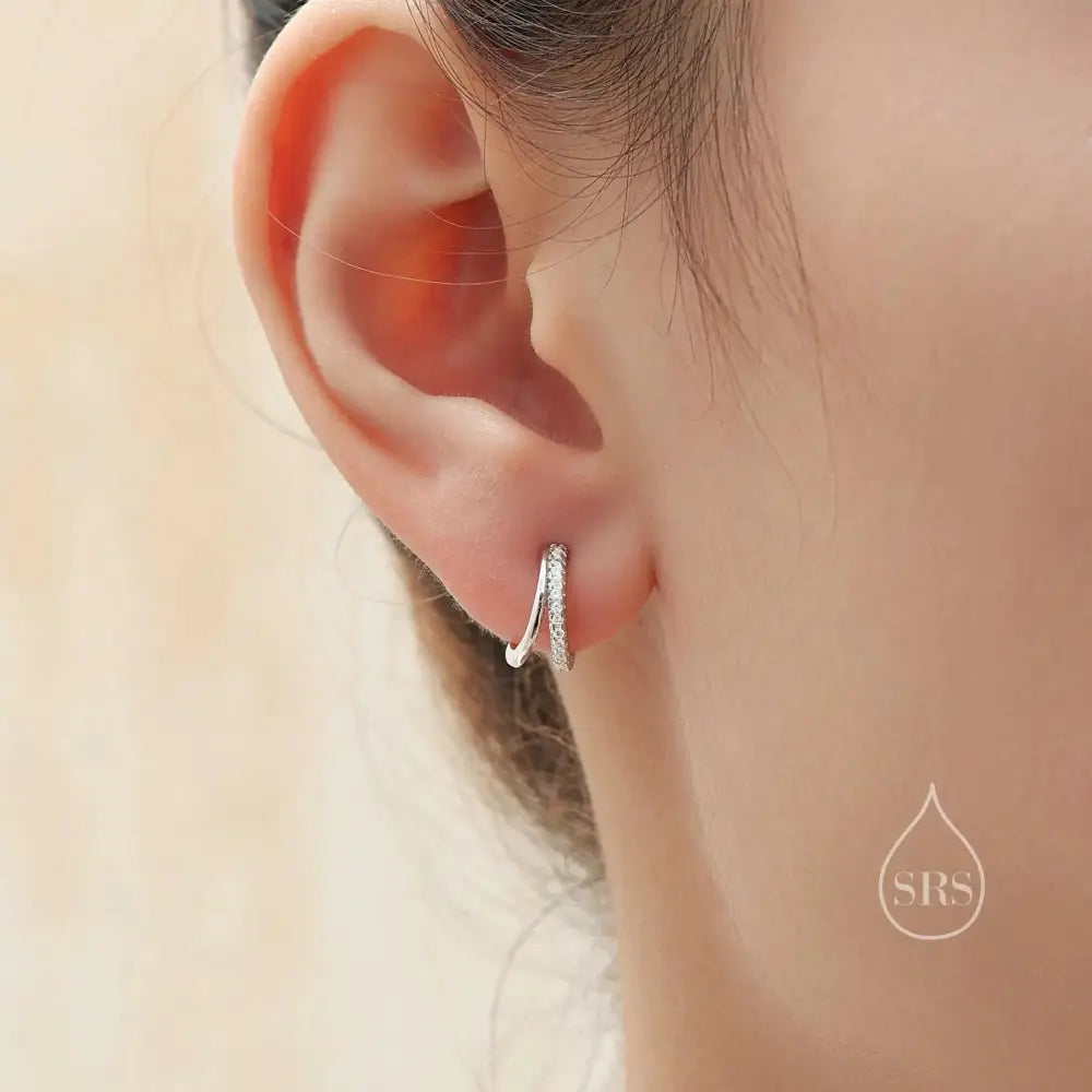 Elegant Double Hoop Effect Earrings in Sterling Silver with CZ Pavé - Dainty Silver, Gold, and Rose Gold Jewelry.