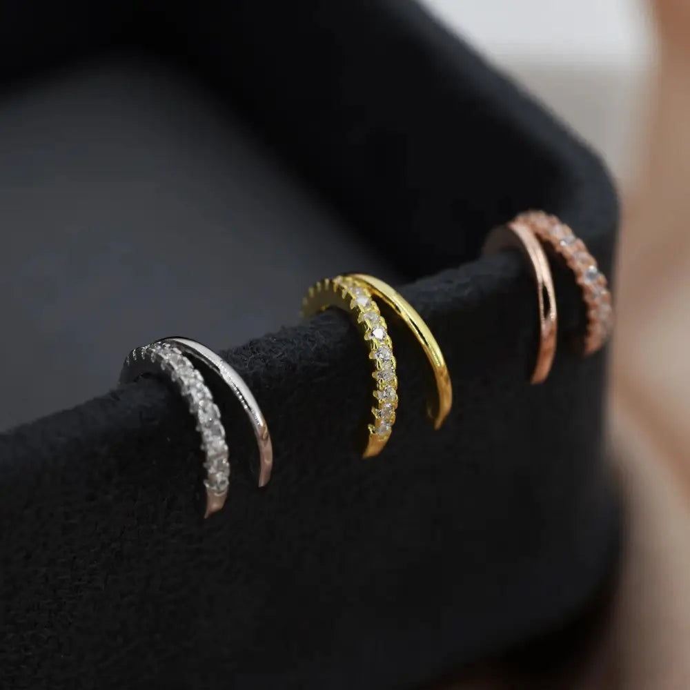 Elegant Double Hoop Effect Earrings in Sterling Silver with CZ Pavé - Dainty Silver, Gold, and Rose Gold Jewelry.