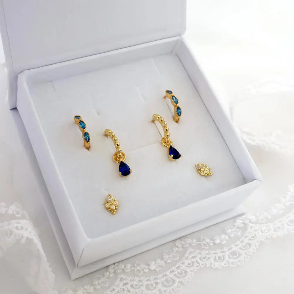 Elegant Gold Plated 925 Sterling Silver Blue Marquise Dangle Hoop Earrings - Perfect Gift for Her.