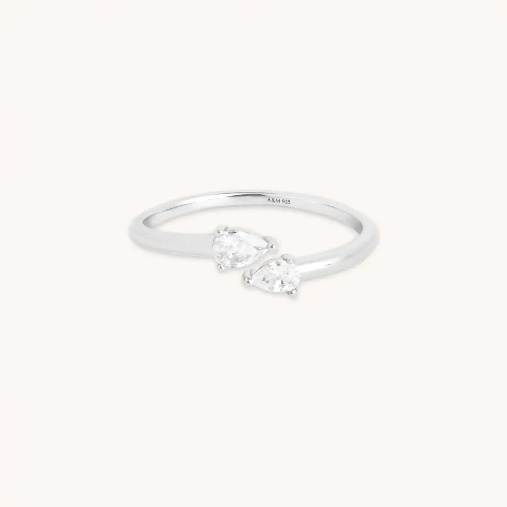Elegant Silver Crystal Pear Open Ring.