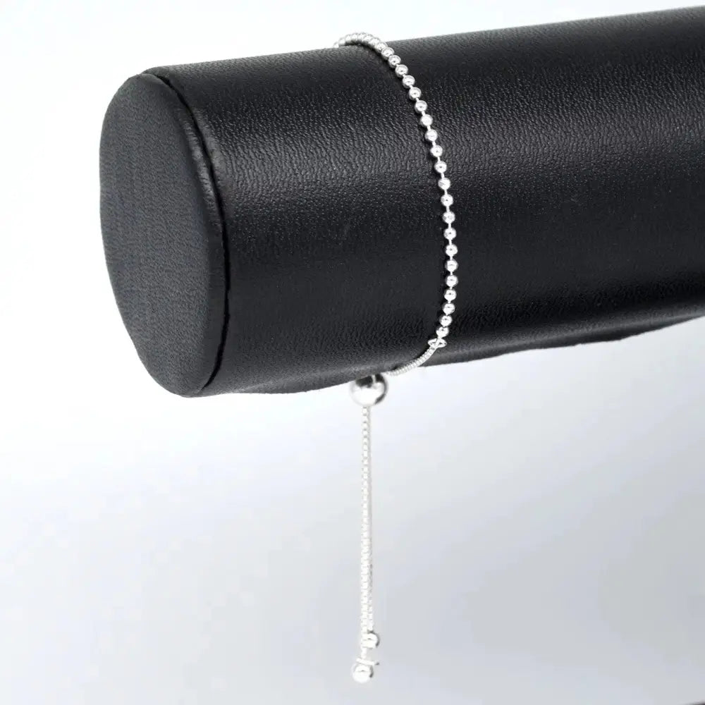 Elegant Sterling Silver Adjustable Minimalist Slider Bracelet with 2mm Beads for Women.