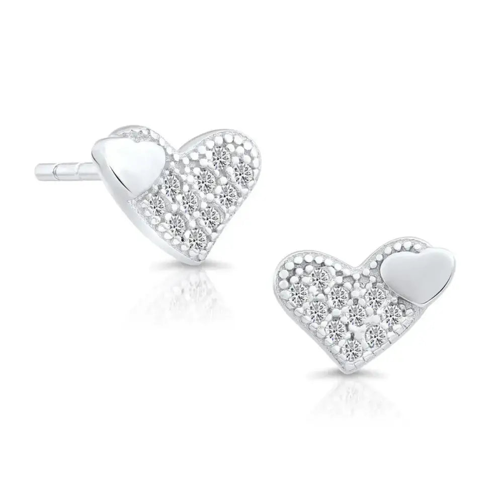 Elegant Sterling Silver CZ Double Heart Stud Earrings.