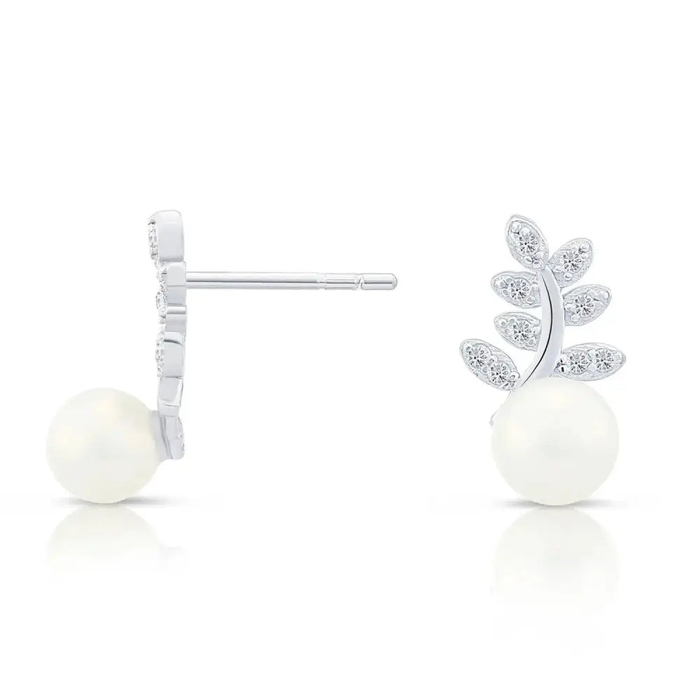Elegant Sterling Silver CZ Floral Pearl Stud Earrings.