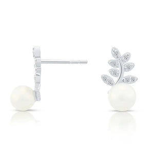 Elegant Sterling Silver CZ Floral Pearl Stud Earrings.