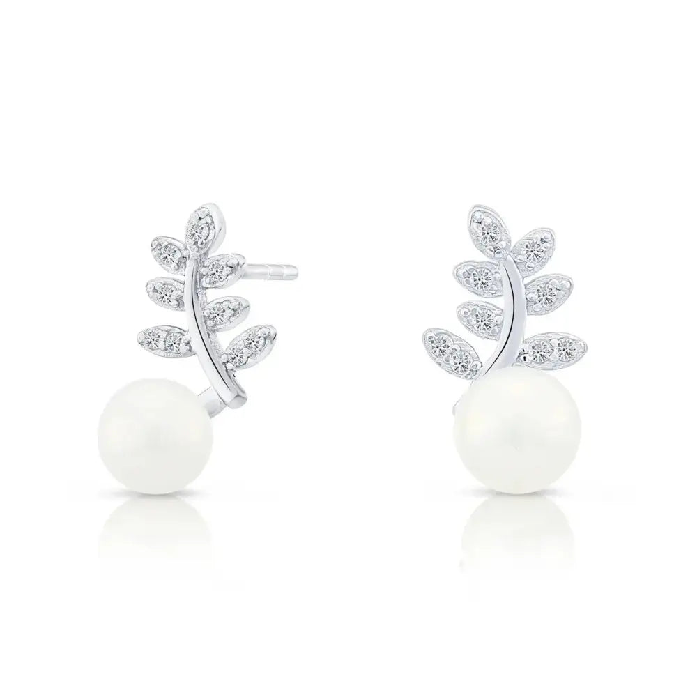 Elegant Sterling Silver CZ Floral Pearl Stud Earrings.