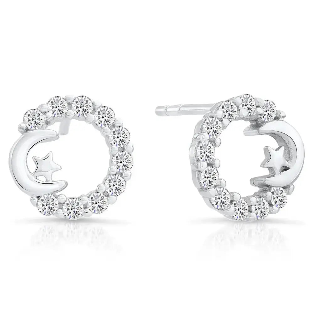 Elegant Sterling Silver CZ Open Circle Star and Crescent Moon Stud Earrings.