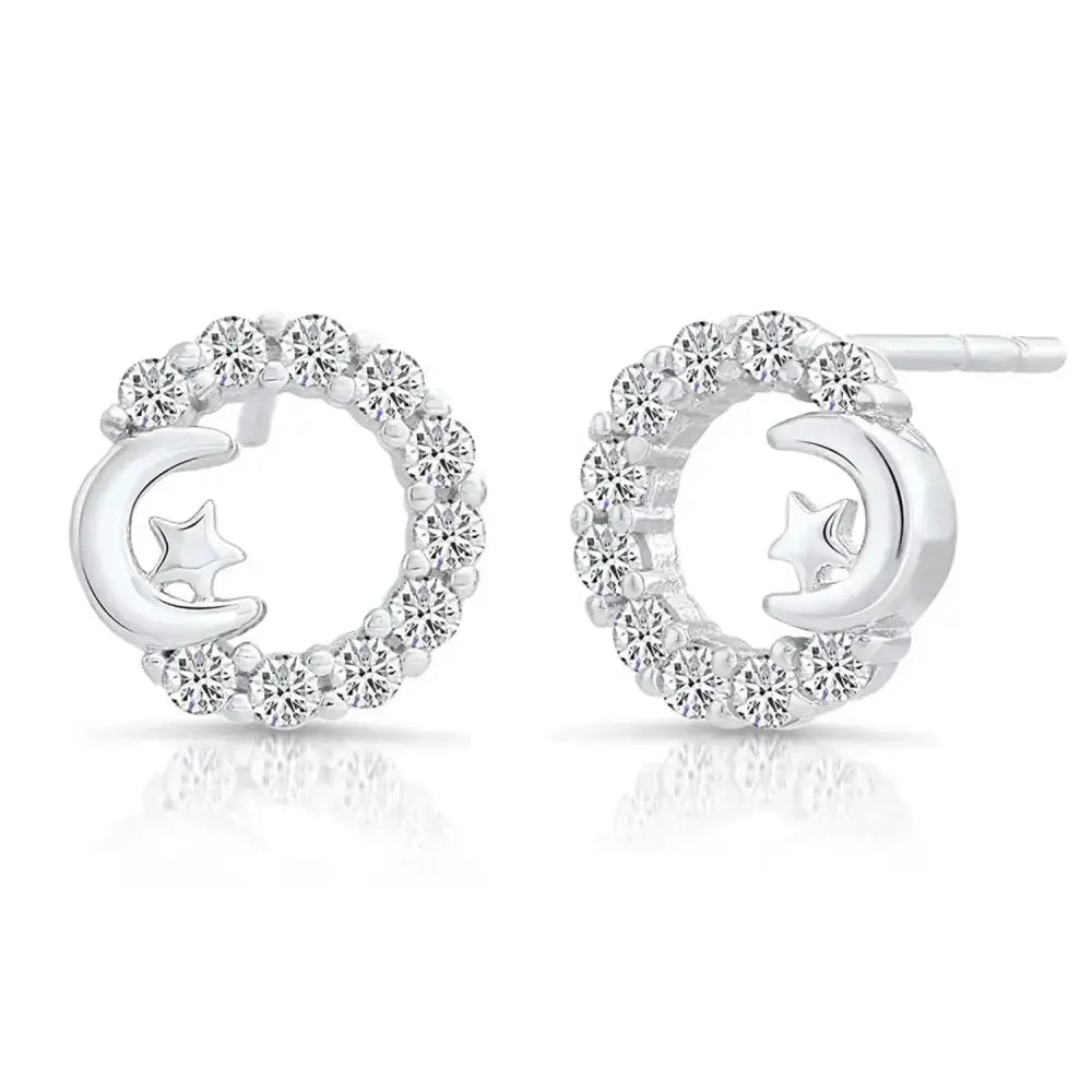 Elegant Sterling Silver CZ Open Circle Star and Crescent Moon Stud Earrings.