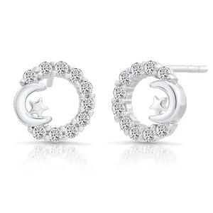 Elegant Sterling Silver CZ Open Circle Star and Crescent Moon Stud Earrings.