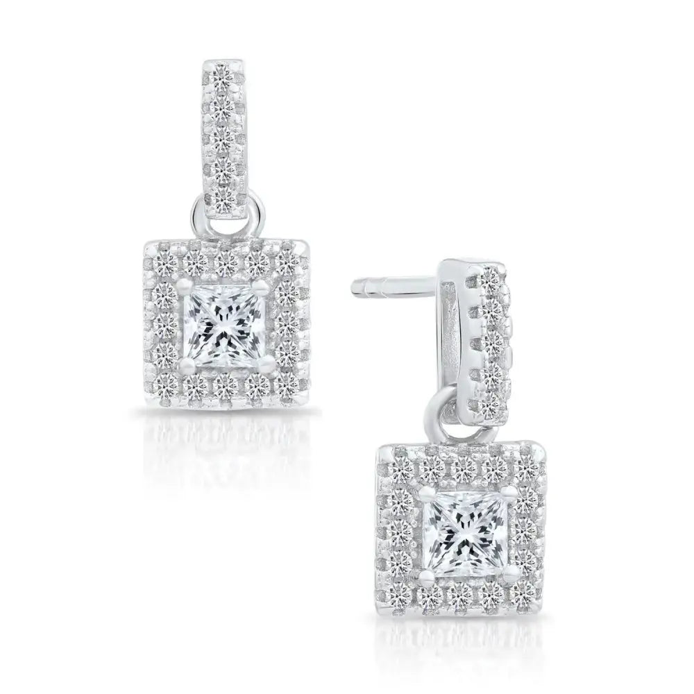 Elegant Sterling Silver CZ Square Princess Dangle Stud Earrings.