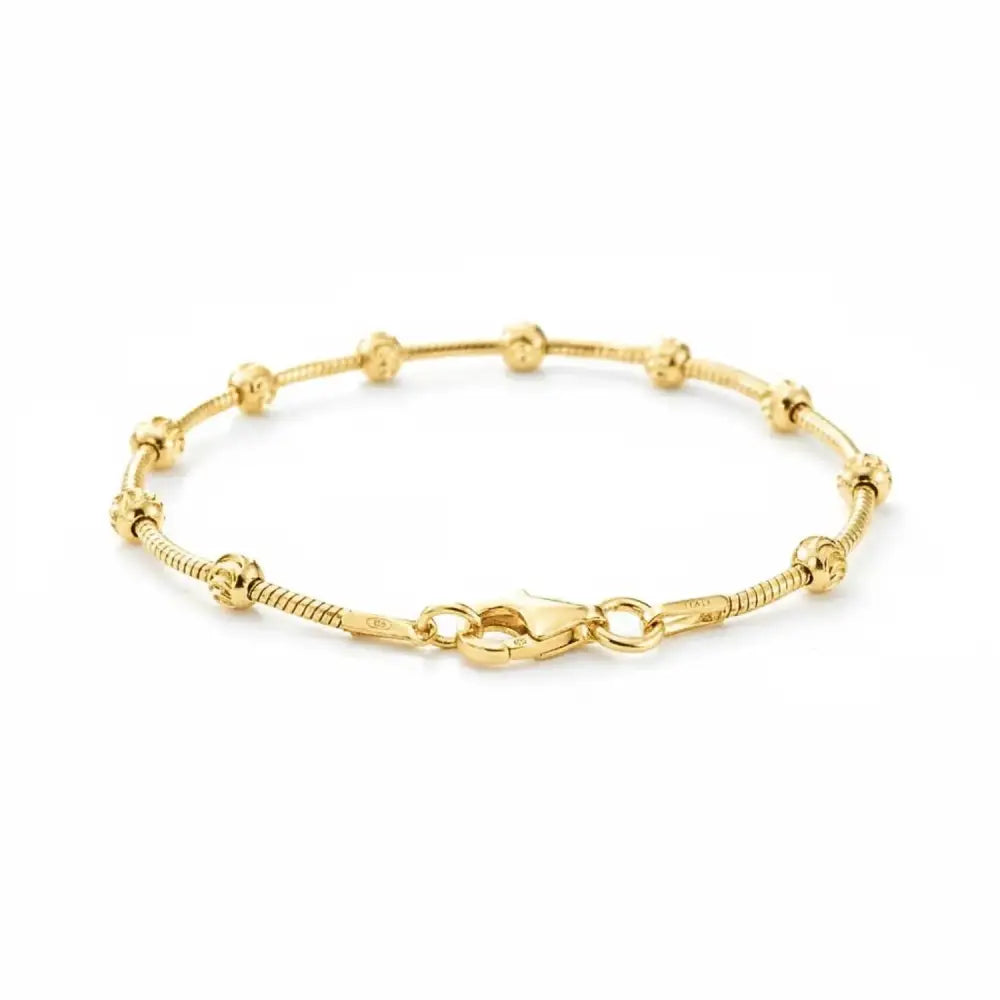Elegant Sterling Silver Gold Plated Diamond-Cut Moon Bracelet with Beaded Ball Station Chain - Adjustable 7" to 7.5" with Secure Lobster Lock - Made in Italy.