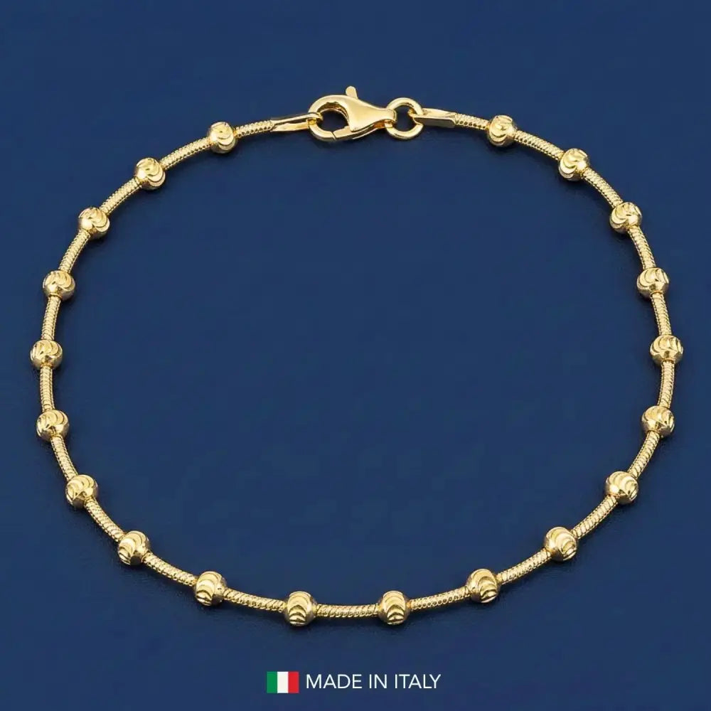Elegant Sterling Silver Gold Plated Diamond-Cut Moon Bracelet with Beaded Ball Station Chain - Adjustable 7" to 7.5" with Secure Lobster Lock - Made in Italy.