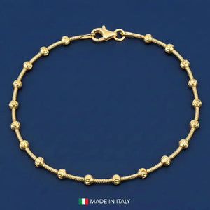 Elegant Sterling Silver Gold Plated Diamond-Cut Moon Bracelet with Beaded Ball Station Chain - Adjustable 7" to 7.5" with Secure Lobster Lock - Made in Italy.