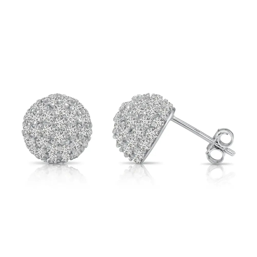 Elegant Sterling Silver Half Ball Stud Earrings with Sparkling Simulated Diamonds.