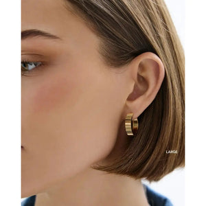 Elegant Wide Gold Fluted Hoop Earrings.