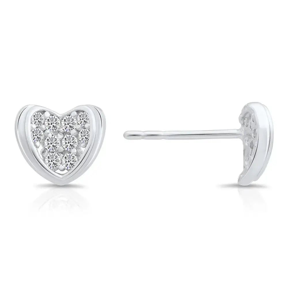 Elegantly Crafted CZ Curved Heart Stud Earrings in Sterling Silver.