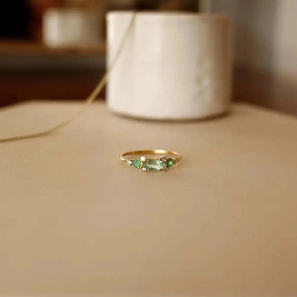 Emerald and Diamond Ring, 18Ct Yellow Gold, Navette Emerald, Handmade Fine Jewellery