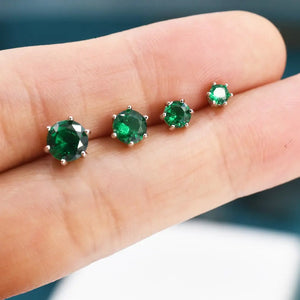 Emerald Green CZ Stud Earrings in Sterling Silver, Available in 3Mm 4Mm 5Mm 6Mm, Brilliant Cut Emerald Green CZ Earrings, Prong Set