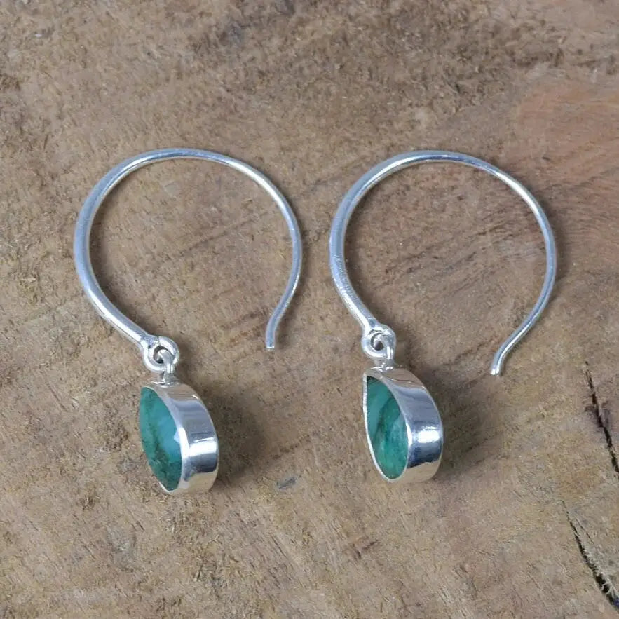 Emerald Hoop Earrings: 925 Sterling Silver Pear Drop, May Birthstone