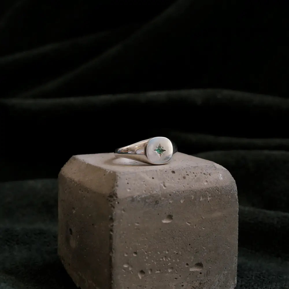 Emerald Star Signet Ring/Nara/Sterling Silver & Gold Vermeil