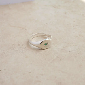 Emerald Star Signet Ring/Nara/Sterling Silver & Gold Vermeil