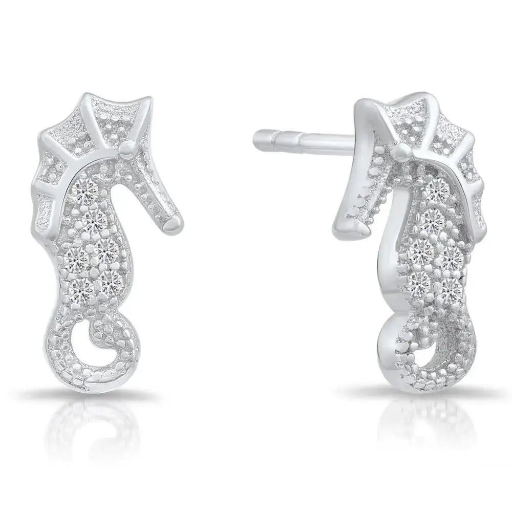 Enchanting CZ Seahorse Stud Earrings in Elegant Sterling Silver.