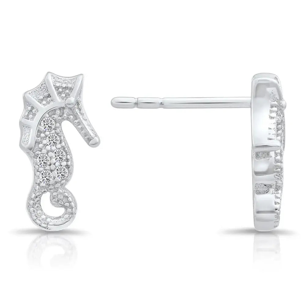Enchanting CZ Seahorse Stud Earrings in Elegant Sterling Silver.