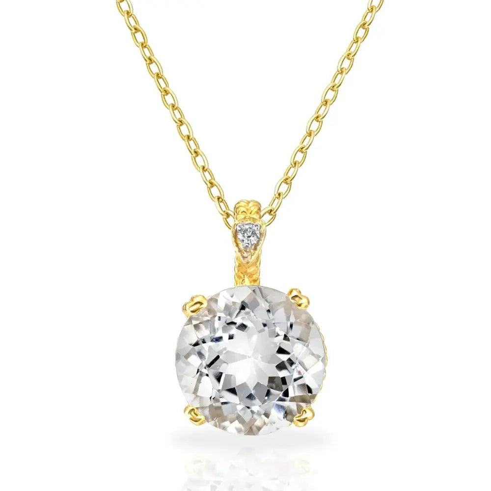 Exquisite 14K Yellow Gold Quartz Gemstone and Diamond Pendant Necklace.