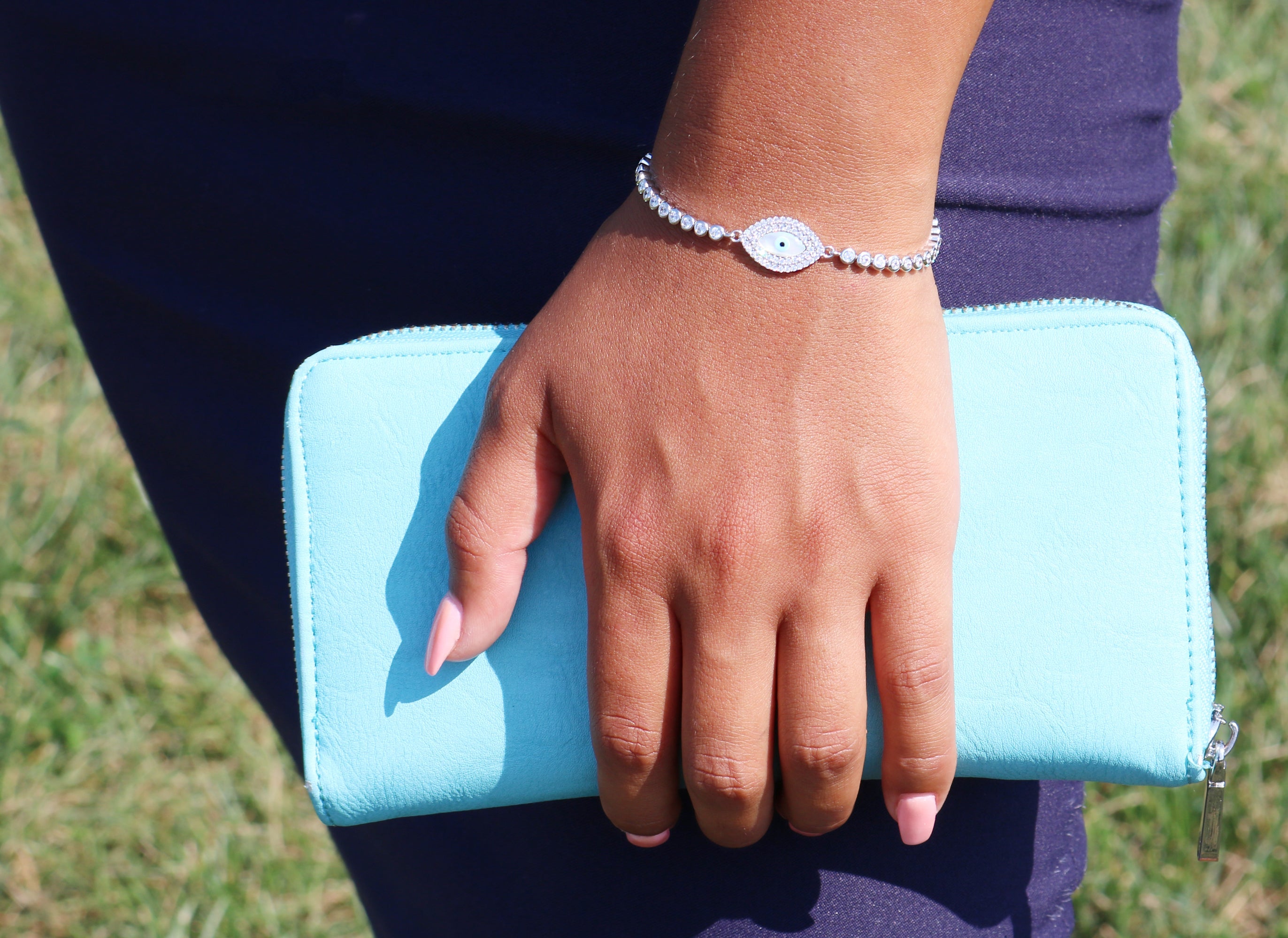 CZ Evil Eye Bracelet, Adjustable in Sterling Silver