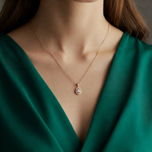 14K Yellow Gold Pear Pendant Necklace, Teardrop Halo CZ Pendant