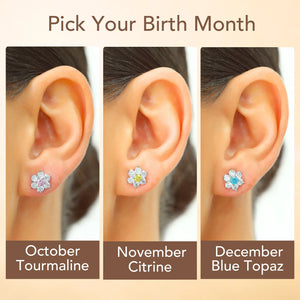 Sterling Silver Gold Plated Flower Birthstone CZ Stud Earrings, 12 Colors Available
