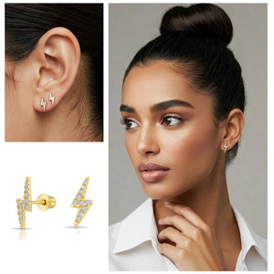 14K Solid Yellow Gold Lightning Bolt Studs, with Screw on Screwbacks