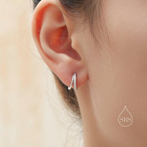 Elegant Double Hoop Effect Earrings in Sterling Silver with CZ Pavé - Dainty Silver, Gold, and Rose Gold Jewelry.