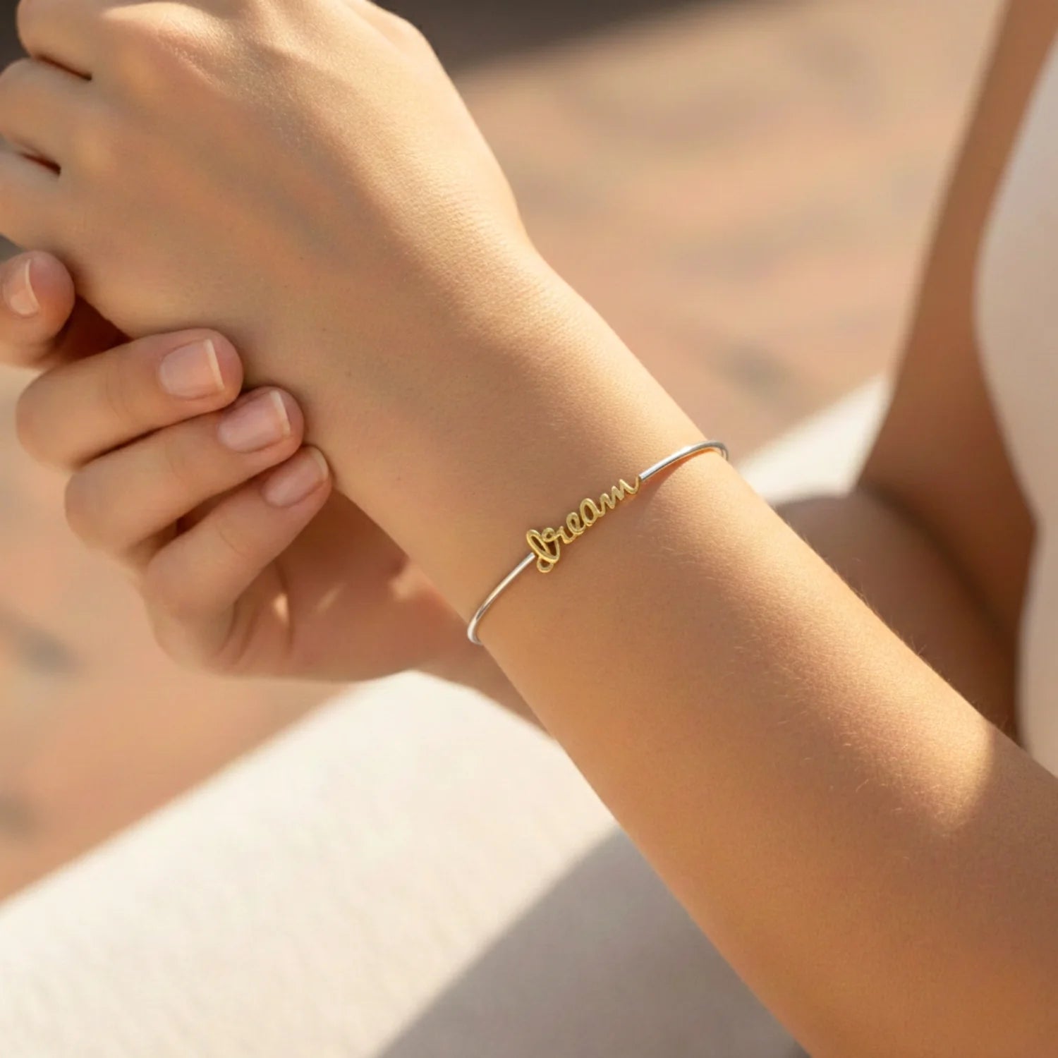 Sterling Silver "Dream" Script Bangle Bracelet