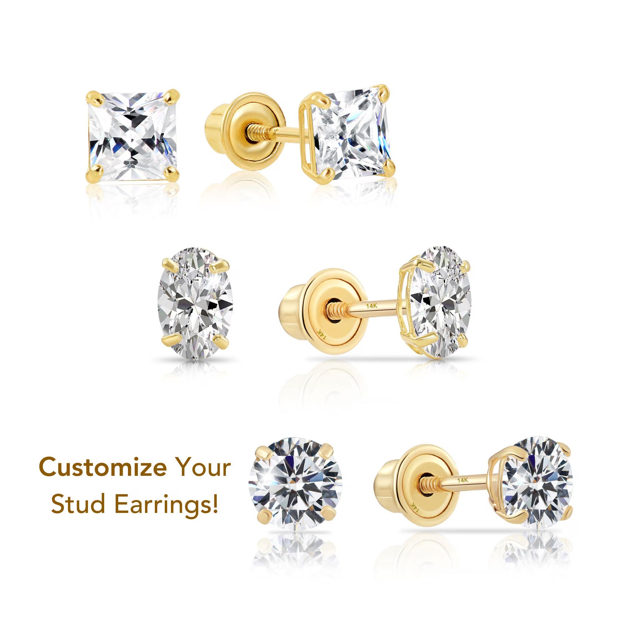 14K Gold Stud Earrings, round Brilliant-Cut, Square Princess-Cut, Oval-Cut, Sparkling CZ Studs, with Screw Backings, Unisex, by TILO Jewelry