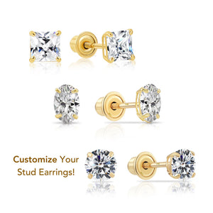 14K Gold Stud Earrings, round Brilliant-Cut, Square Princess-Cut, Oval-Cut, Sparkling CZ Studs, with Screw Backings, Unisex, by TILO Jewelry