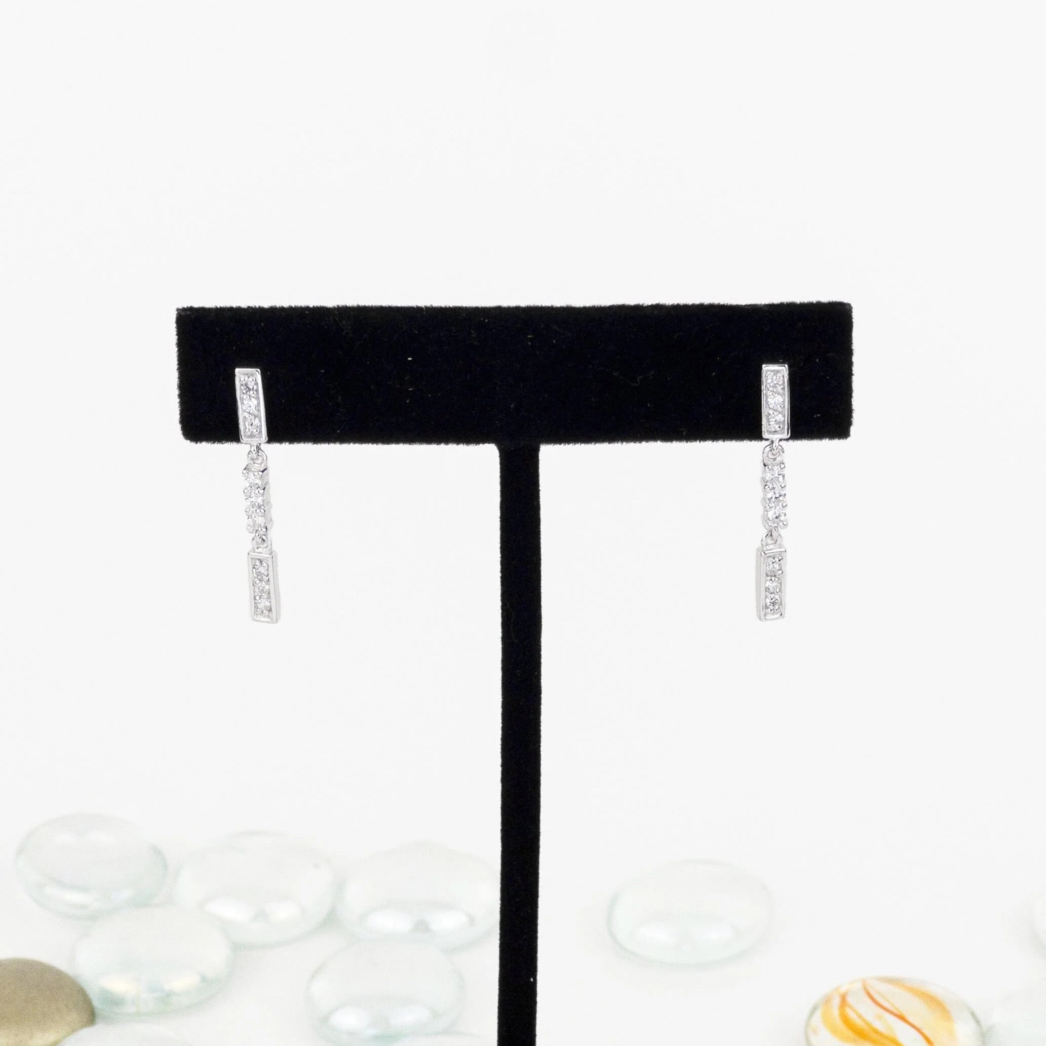 Dangle Drop Earrings, Sterling Silver, White Gold Rhodium Plating, CZ Diamonds Bar Earrings, Drop Earrings, Dangling Silver Earrings, Dainty