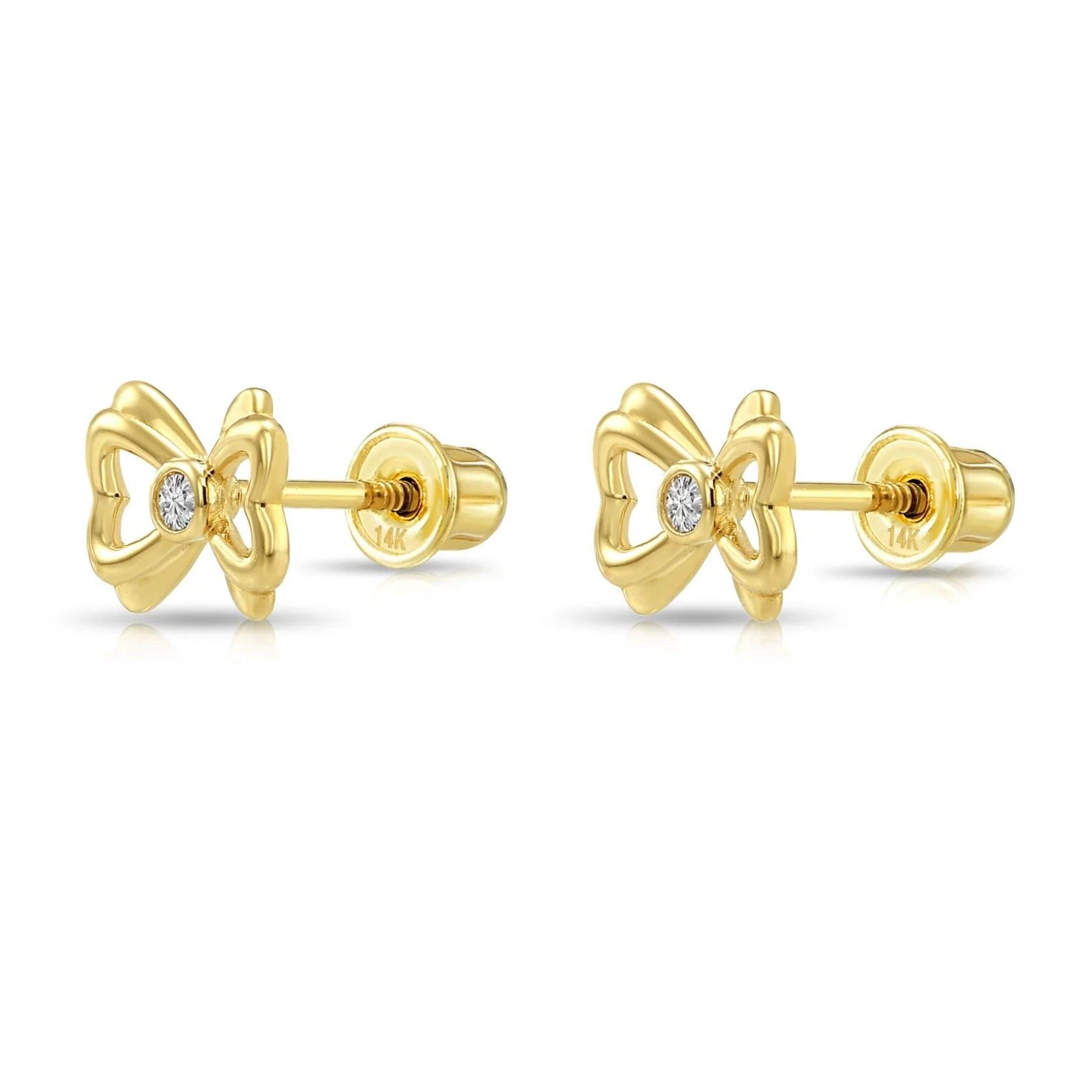 Elegant 14K Solid Yellow Gold CZ Ribbon Bow Studs with Secure Screwback Design.