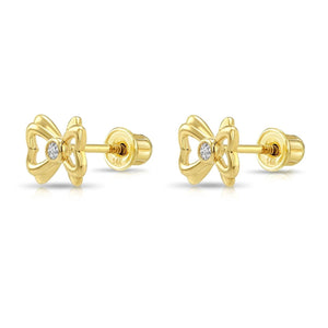 Elegant 14K Solid Yellow Gold CZ Ribbon Bow Studs with Secure Screwback Design.