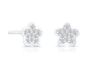 Sterling Silver CZ Little Flower Stud Earrings – Elegant & Chic Jewelry Accessory.