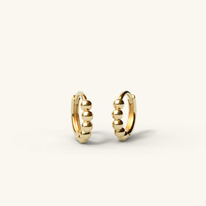 Dainty 14K Gold Beaded Huggie Hoop Earrings - Elegant Solid Gold Pair.