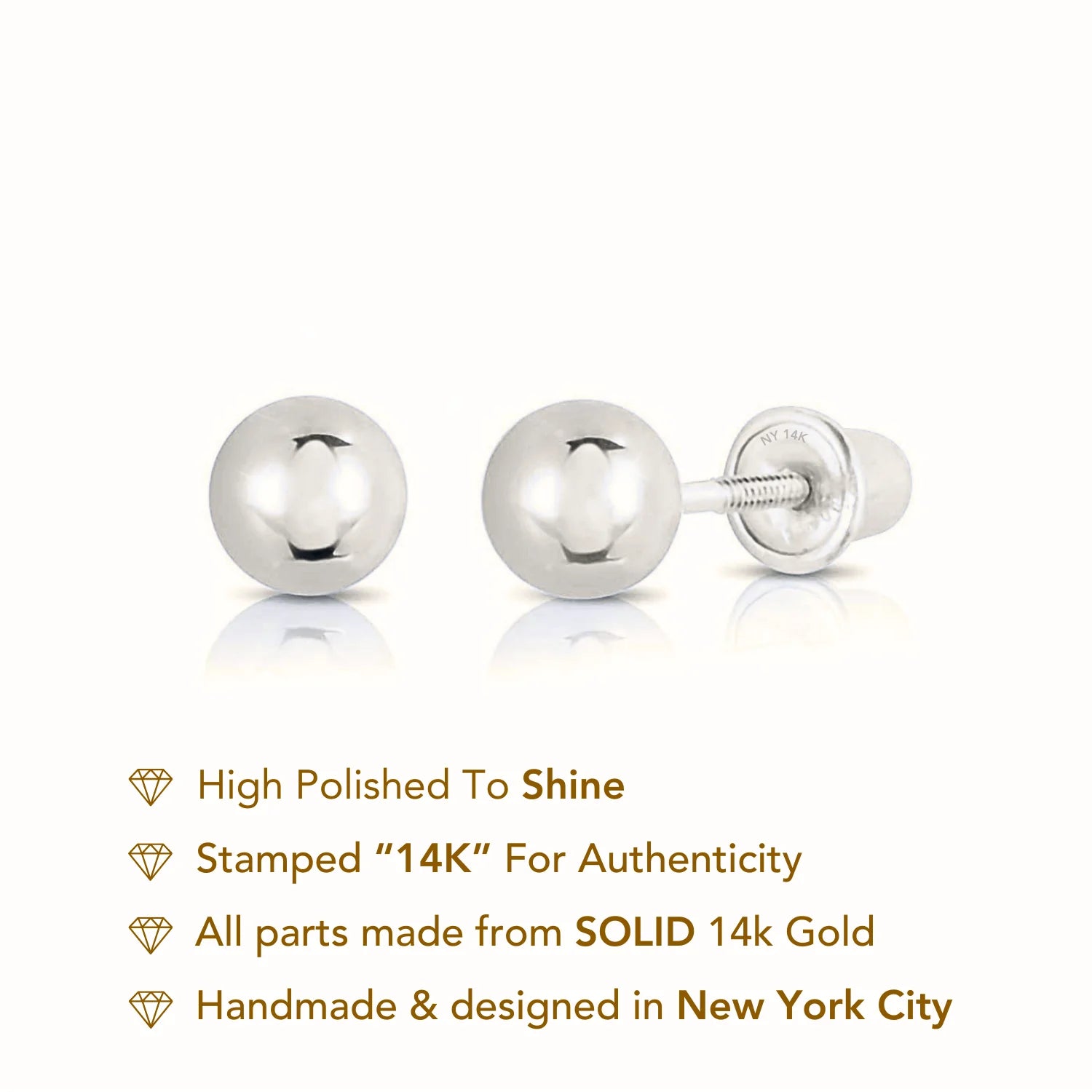 14K White Gold Classic Ball Stud Earrings with Screwbacks