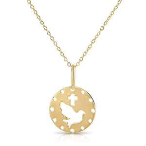 Elegant 14K Yellow Gold Dove & Cross Pendant with 18" Necklace - A Timeless Symbol of Faith.