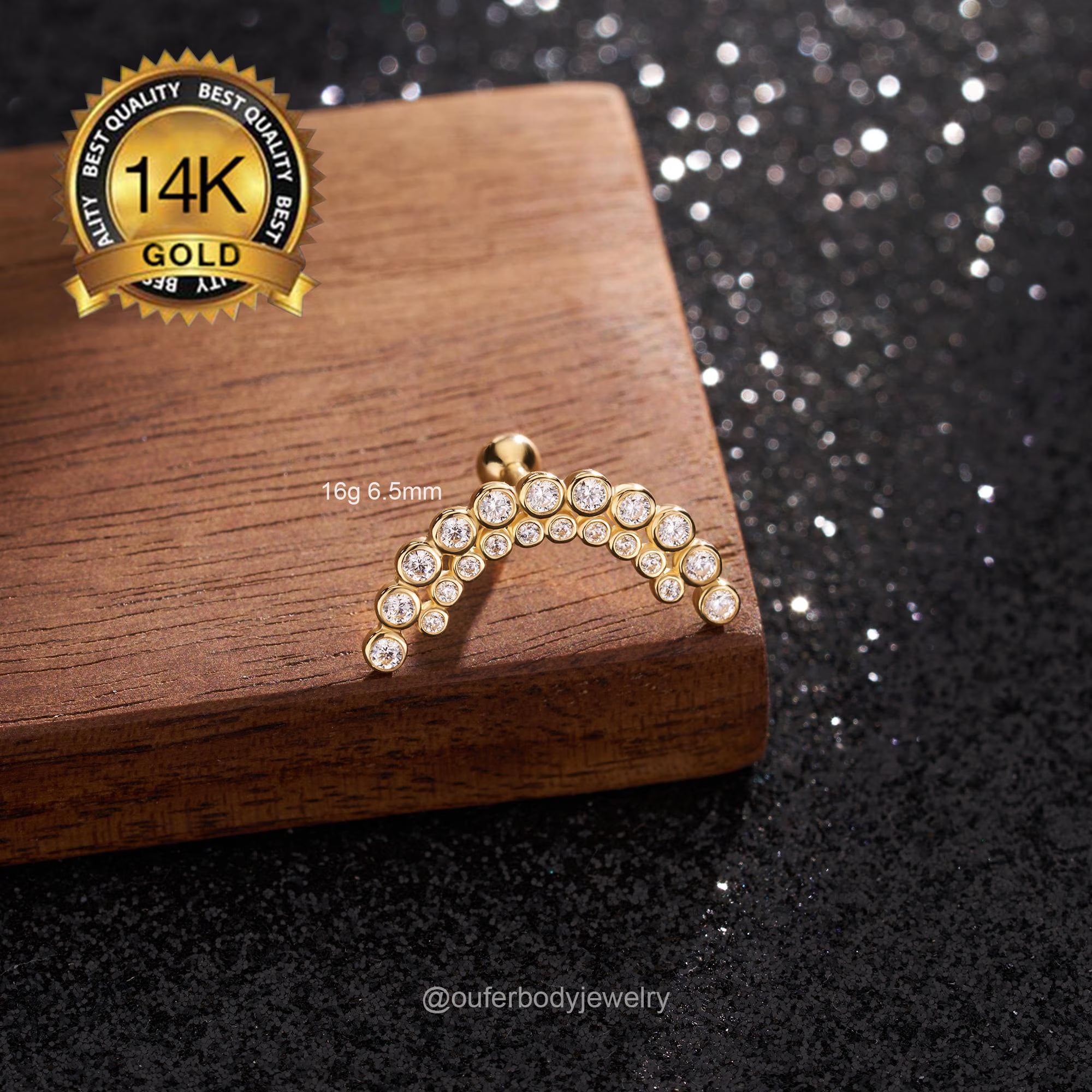 14K Solid Gold Invisible Set Diamond Apsara Curve Threaded Stud Earring/Ball-End Earring with Double Row CZ Cartilage, Helix, Conch Piercing