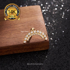 14K Solid Gold Invisible Set Diamond Apsara Curve Threaded Stud Earring/Ball-End Earring with Double Row CZ Cartilage, Helix, Conch Piercing